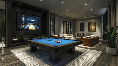 Modern Game Room with Pool Table and Entertainment System