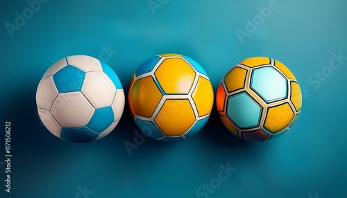 three soccer balls on blue background minimalistic sports theme photo