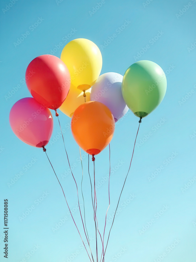 Vibrant multicolored balloons floating against a serene blue sky, evoking joy and celebration. Generative AI Vibrant multicolored balloons floating against a serene blue sky, evoking joy and celebration. Generative AI