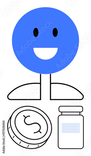 Smiling blue cartoon face above a line graph, coin with dollar sign, and medicine bottle. Ideal for healthcare affordability, financial stability, medication cost, wellness, corporate wellness