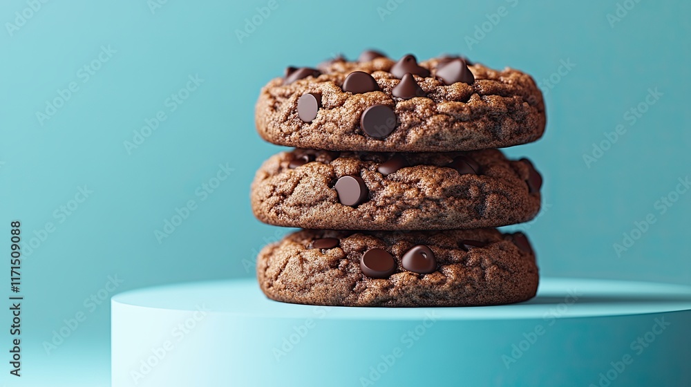 A stack of three freshly baked chocolate chip cookies on a blue surface. A stack of three freshly baked chocolate chip cookies on a blue surface.