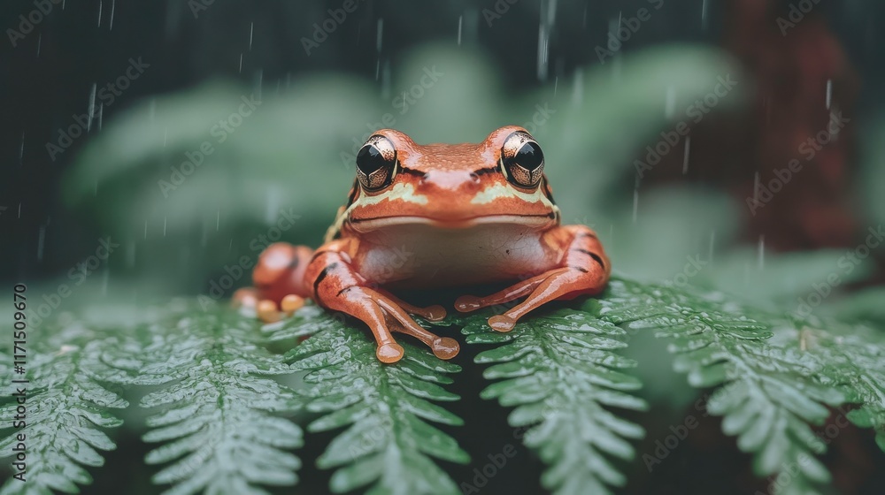 Frog Resting on Ferns Near River in Rainy Jungle Frog Resting on Ferns Near River in Rainy Jungle