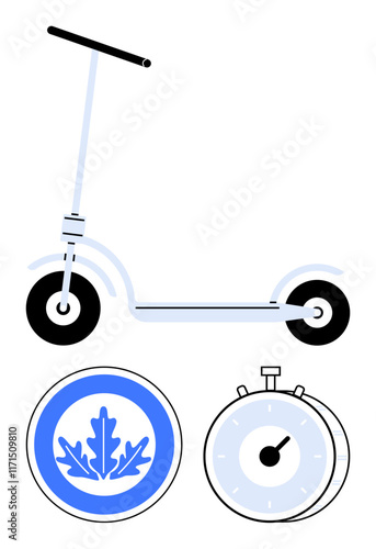 Electric scooter with simple design, blue sustainability emblem featuring a leaf, and stopwatch element symbolizing time management. Ideal for mobility, eco-conscious transport, fitness, punctuality