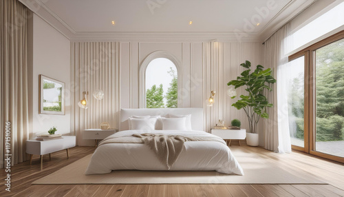 beautiful interior bedroom room with white walls and wood floor