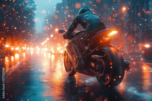 man on motorcycle racing down road, background blurred due to motorcycle speed photo