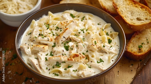 A bowl of creamy chicken alfredo pasta with garlic