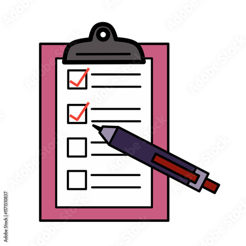 Pen marks checklist box on clipboard . Business to do list icon isolated on white background.