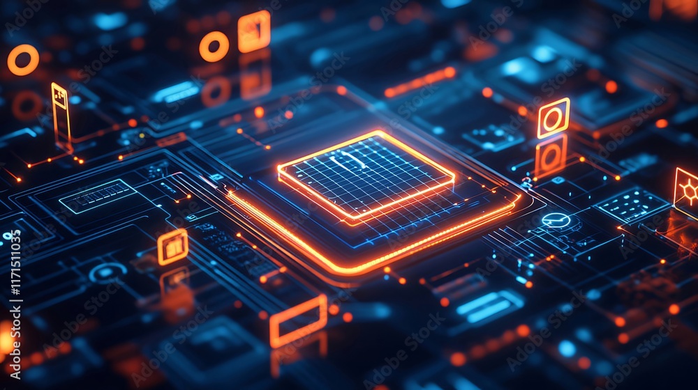 Glowing digital circuit board with central processor. Glowing digital circuit board with central processor.