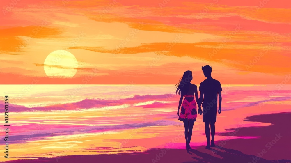 Fototapeta premium Couple holding hands, watching sunset on beach.
