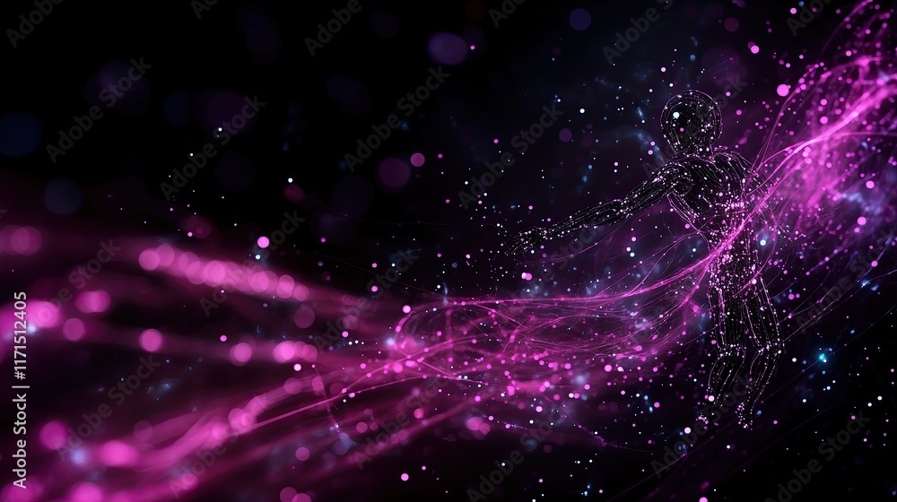 Fototapeta premium Synthetic robot cognition visualized as a humanoid figure with glowing patterns merging with virtual environments