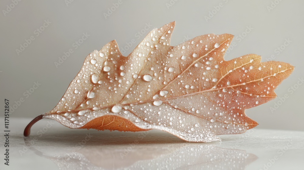 Closeup of dew-covered leaf on stark empty surface Closeup of dew-covered leaf on stark empty surface