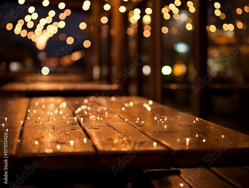 A close-up shot of a wooden table with fairy blights and a blurred bokeh background