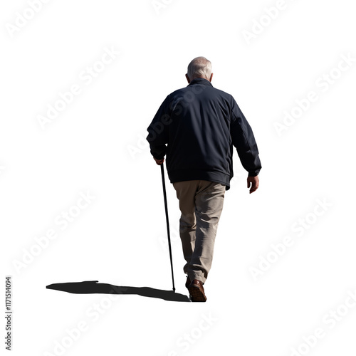 Rear View of Senior Man Walking with Cane Full Body Transparent Hand-Cut PNG for Mobility and Elderly Support






