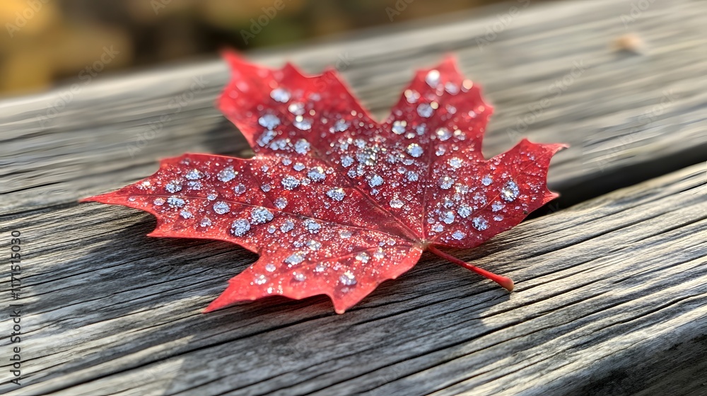 A close-up of a vibrant red maple leaf on a wooden A close-up of a vibrant red maple leaf on a wooden