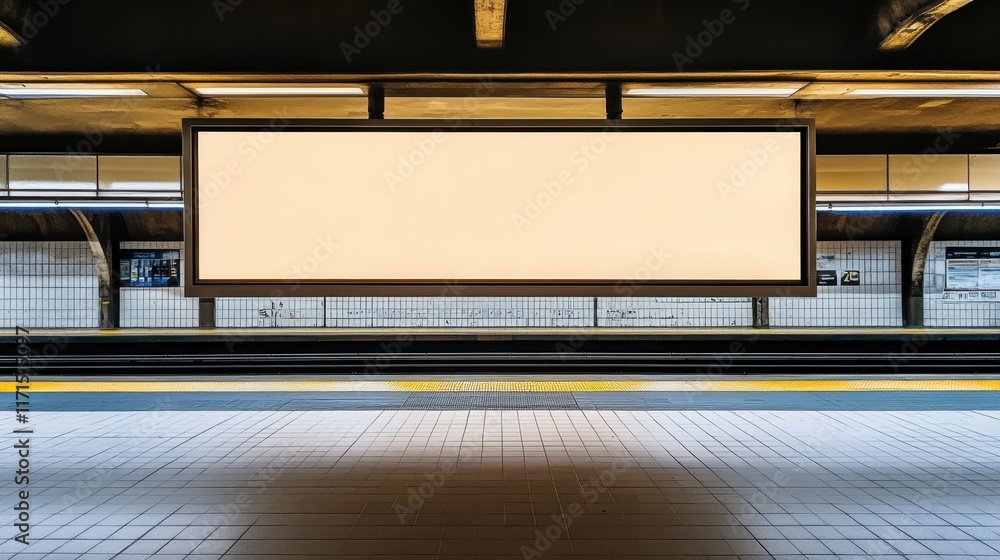 subway station, empty platform, large blank billboard, advertising space, urban environment, tiled floor, metal ceiling, fluorescent lighting, symmetrical composition, modern architecture, minimalist subway station, empty platform, large blank billboard, advertising space, urban environment, tiled floor, metal ceiling, fluorescent lighting, symmetrical composition, modern architecture, minimalist