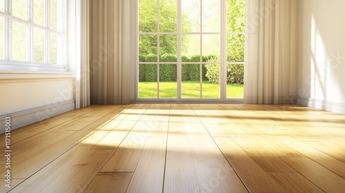 Wallpaper Mural Sunlit empty room with hardwood floor and garden view. Torontodigital.ca