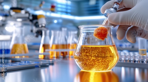 Close-up of a beaker containing orange liquid in a futuristic laboratory experiment.