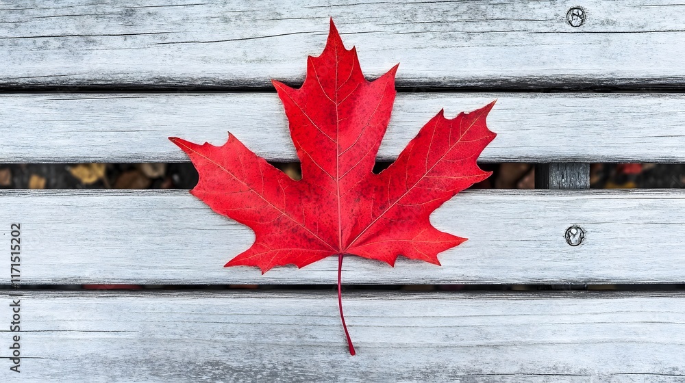 Obraz premium A close-up of a vibrant red maple leaf on a wooden