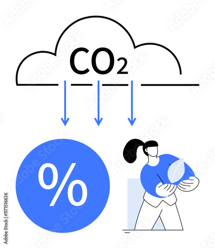 CO2 cloud with downward arrows, percentage symbol, person holding leaf. Ideal for sustainability, environmental impact, climate action, green energy, carbon footprint, ecology eco-friendly efforts