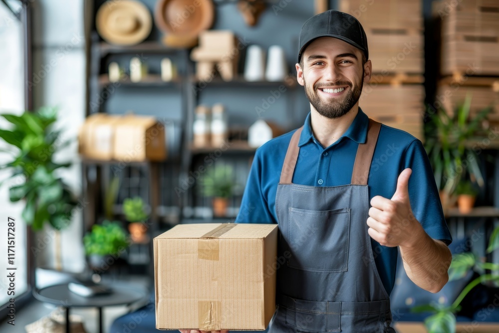 Happy Moving Service Employee In Uniform With Cardboard Box In New House Shows Thumb Up., Happy Moving Service Employee In Uniform With Cardboard Box In New House Shows Thumb Up.,