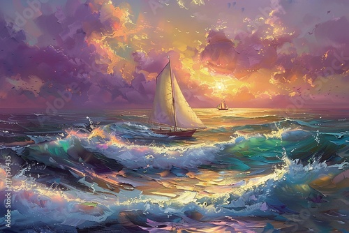 A sailboat glides across a vibrant ocean at sunset, waves crashing around it under a dramatic sky. Serenity and adventure meet in this breathtaking scene. photo