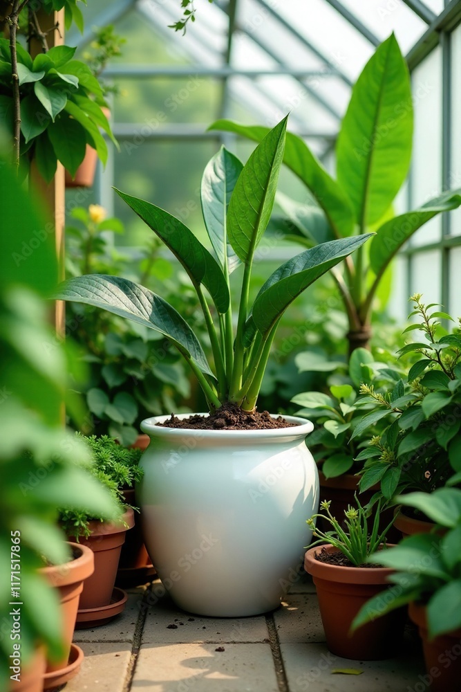 Lush greenery surrounds a large white ceramic pot, greenhouse, terracotta, botanicals Lush greenery surrounds a large white ceramic pot, greenhouse, terracotta, botanicals
