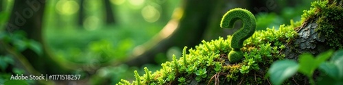 Moss-covered question mark nestled among ferns and moss, dappled light, natural world