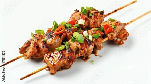 Grilled Chicken Skewers Garnished with Green Onions and Red Chili Peppers