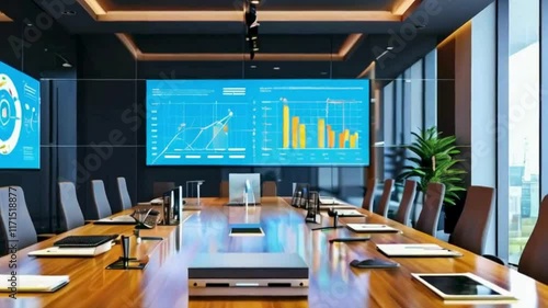 Modern Conference Room with Digital Screens Displaying Graphs