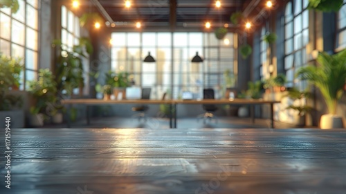 Wallpaper Mural Modern office workspace with wood table in foreground.  Sunlight streams through large windows. Torontodigital.ca