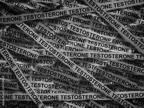 Strips of newspaper with the words Testosterone typed on them. Black and white. photo