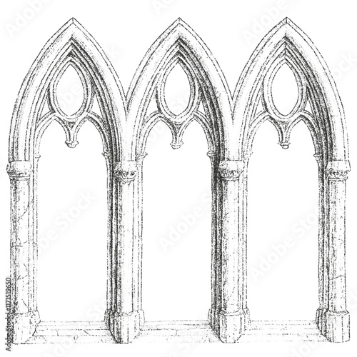 Arch, window, door of building, ancient medieval church with Gothic style. Fine stippled effect. dot effect. Vintage look. Quality resource for any project. 
