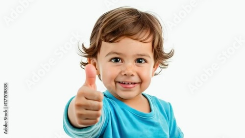 Child Giving Thumbs-Up Gesture in Blue Shirt Against White Background
