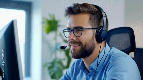 Customer Support Specialist with Headset in Office