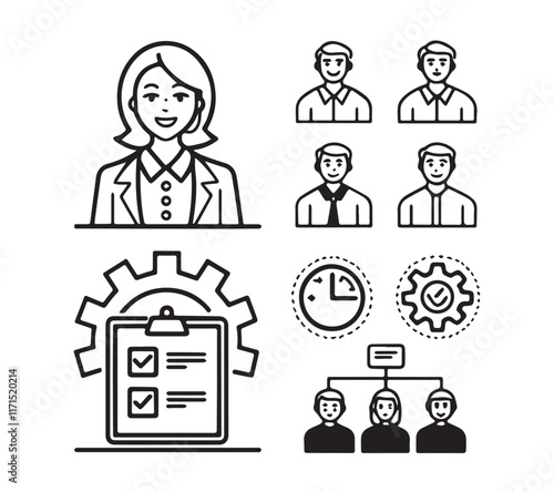 Black and white People icon set in flat style. Line icon set. Management line icons. Line Business People. Human resources. office management. 