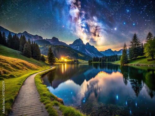 Starry night unveils Lauenensee's pathway, Milky Way arching over Gstaad's serene landscape. photo