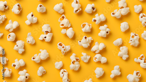 Popcorn scattered on vibrant yellow background creates a playful and inviting atmosphere perfect for movie night or snack time