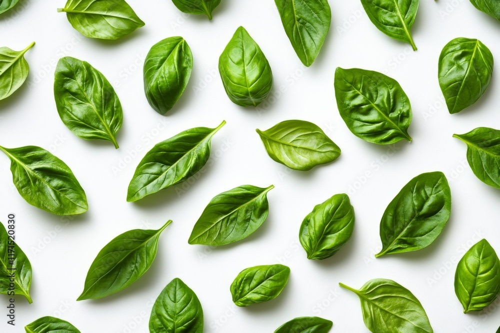 Fresh basil leaves arranged on a white background for culinary use or decoration in a kitchen setting Fresh basil leaves arranged on a white background for culinary use or decoration in a kitchen setting