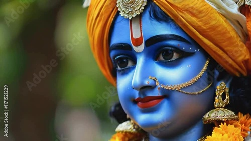 Close-up of a Traditional Indian Statue with Orange Turban and Floral Garland