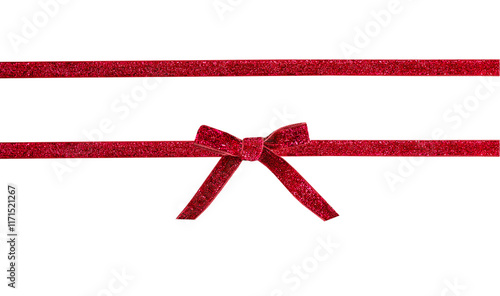 Red glitter bow and ribbon isolated on white. Gift box decor, Christmas design element. Wrap decoration. Valentine's day decoration object.