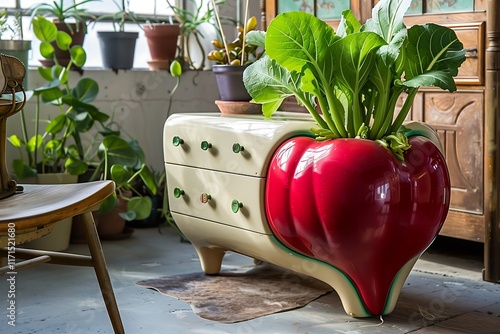 a red table with drawers shaped like a radish  photo