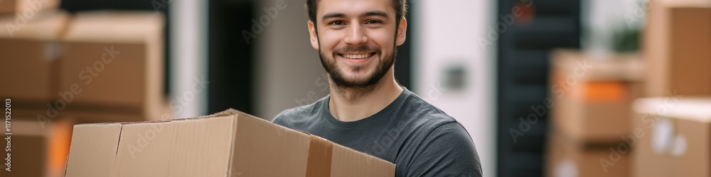 A man is smiling and holding a cardboard box. Concept of happiness and accomplishment, as the man is likely proud of his work or excited about the contents of the box A man is smiling and holding a cardboard box. Concept of happiness and accomplishment, as the man is likely proud of his work or excited about the contents of the box
