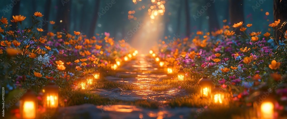Naklejka premium Enchanting flower path in a mystical forest lit by glowing lanterns.