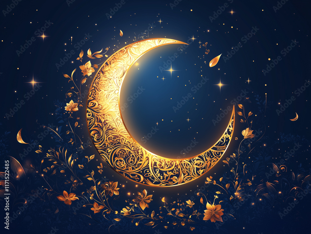 Naklejka premium Golden crescent moon shining over floral decorations for ramadan celebration