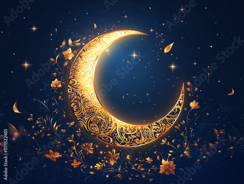 Golden crescent moon shining over floral decorations for ramadan celebration photo