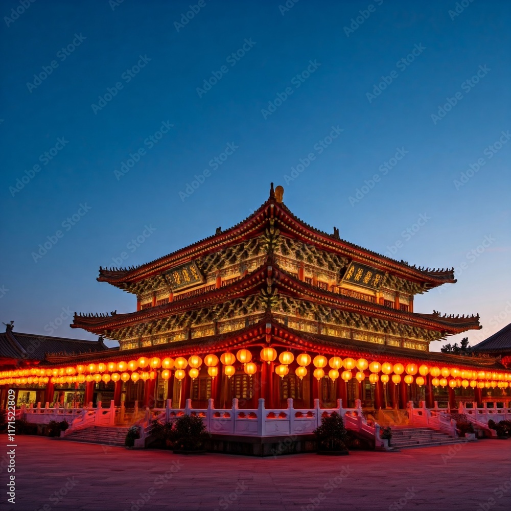 Lantern-Lit Chinese Temple at Dusk Lantern-Lit Chinese Temple at Dusk