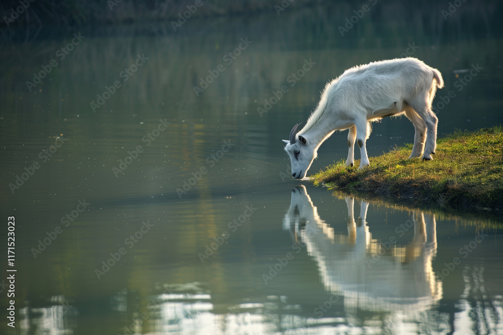 Fototapeta premium Goat grazing at the edge of a calm lake, its reflection shimmering in the water under the soft light of dawn.