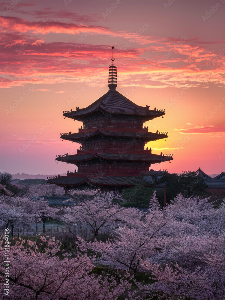A Chinese pagoda surrounded by the warm tones of a sunset sky.
A Chinese pagoda surrounded by the warm tones of a sunset sky.