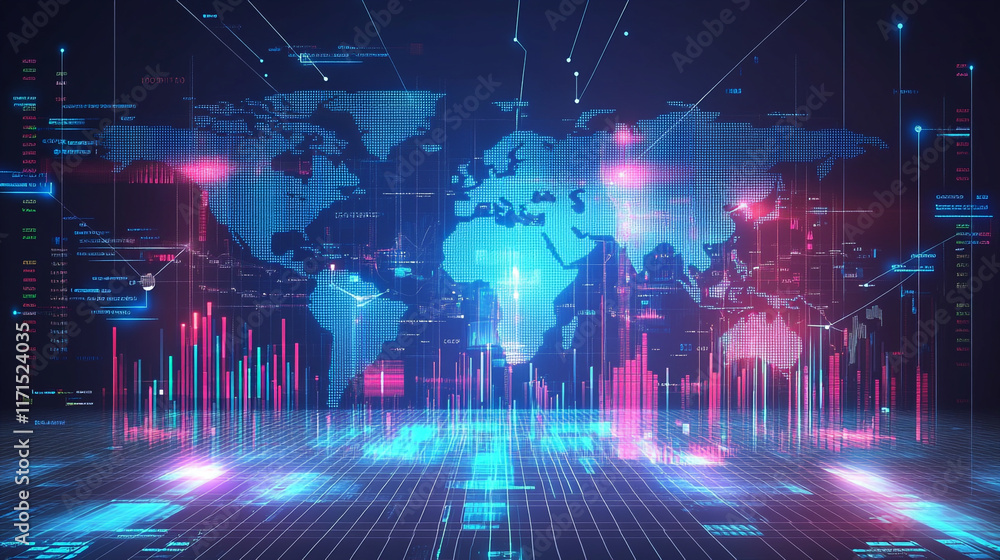 world map overlaid with interconnected lines and neon light effect, abstract digital planet world map background communication concept, abstract dot point connect with gradient line concept world map.