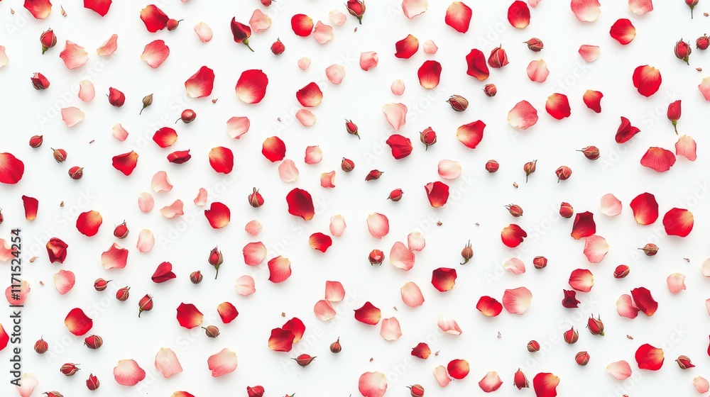 Scattered red rose petals on a white background creating a romantic ambiance. Scattered red rose petals on a white background creating a romantic ambiance.